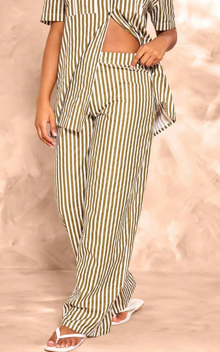 Outlet PrettyLittleThing Stripe Linen Look High Waisted Tailored Pants Olive