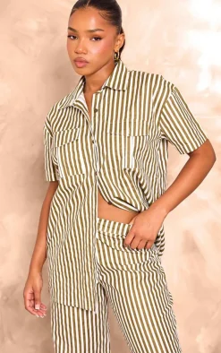Outlet PrettyLittleThing Stripe Linen Look High Waisted Tailored Pants Olive