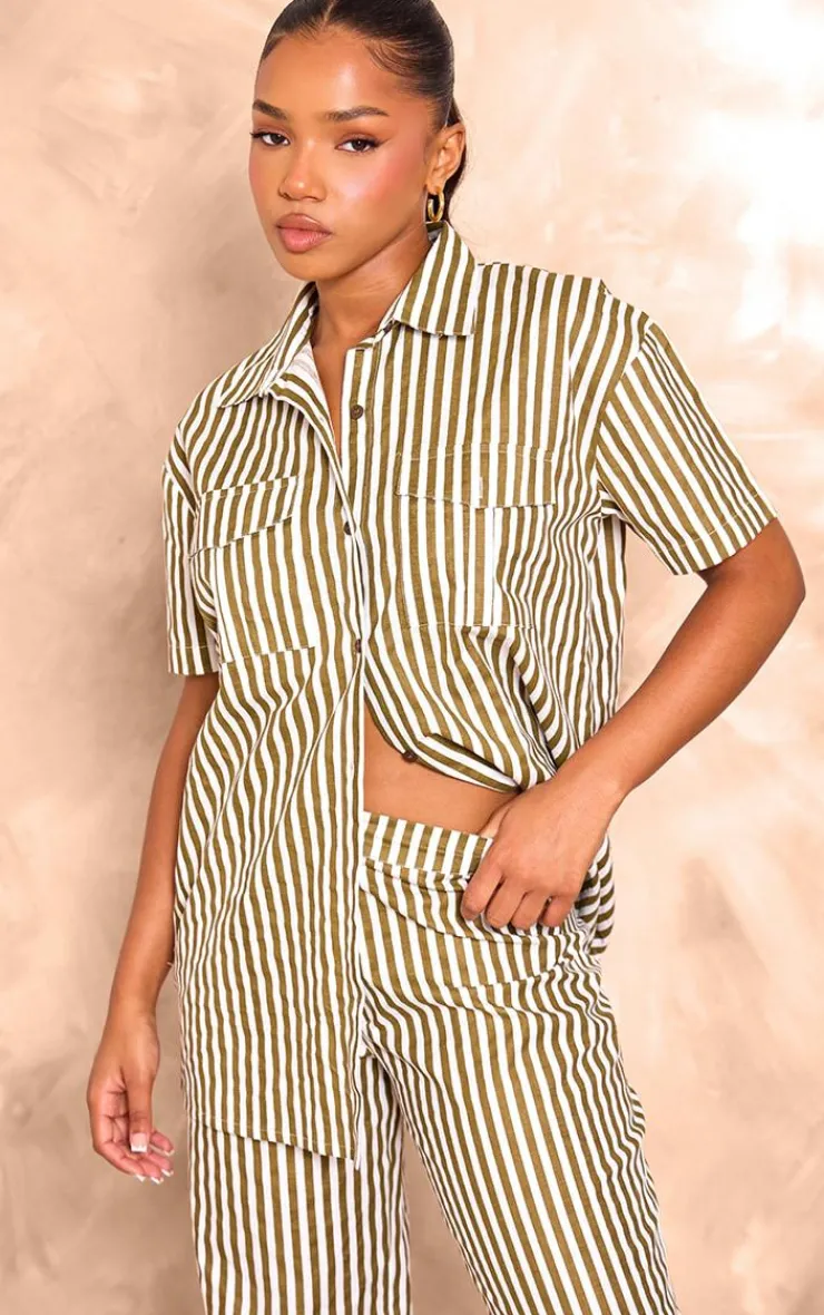 Outlet PrettyLittleThing Stripe Linen Look High Waisted Tailored Pants Olive