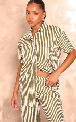 New PrettyLittleThing Stripe Linen Look Pocket Front Short Sleeve Oversized Shirt Olive