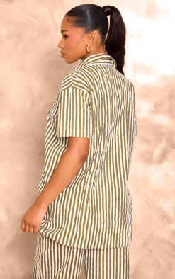 New PrettyLittleThing Stripe Linen Look Pocket Front Short Sleeve Oversized Shirt Olive