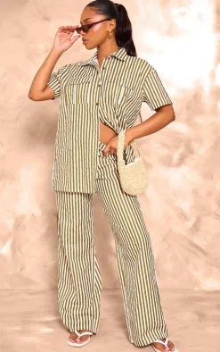 New PrettyLittleThing Stripe Linen Look Pocket Front Short Sleeve Oversized Shirt Olive