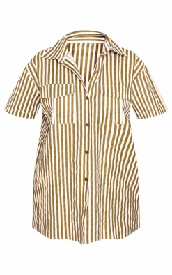 New PrettyLittleThing Stripe Linen Look Pocket Front Short Sleeve Oversized Shirt Olive