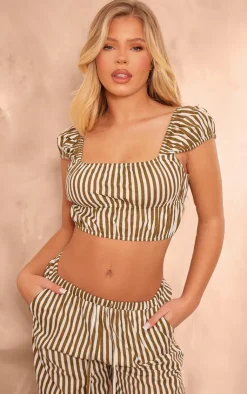 PrettyLittleThing Striped Linen Look Cap Sleeve Ruched Crop Top Olive