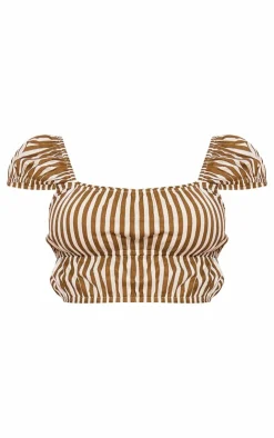 PrettyLittleThing Striped Linen Look Cap Sleeve Ruched Crop Top Olive