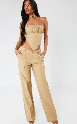 Best PrettyLittleThing Tailored Woven Straight Leg Seamed Detail Pants Olive