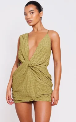 Olive Textured Plunge Knot Detail Bodycon Dress-PrettyLittleThing Hot