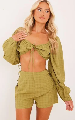 New PrettyLittleThing Textured Woven Tie Front Balloon Sleeve Blouse Olive