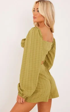 New PrettyLittleThing Textured Woven Tie Front Balloon Sleeve Blouse Olive