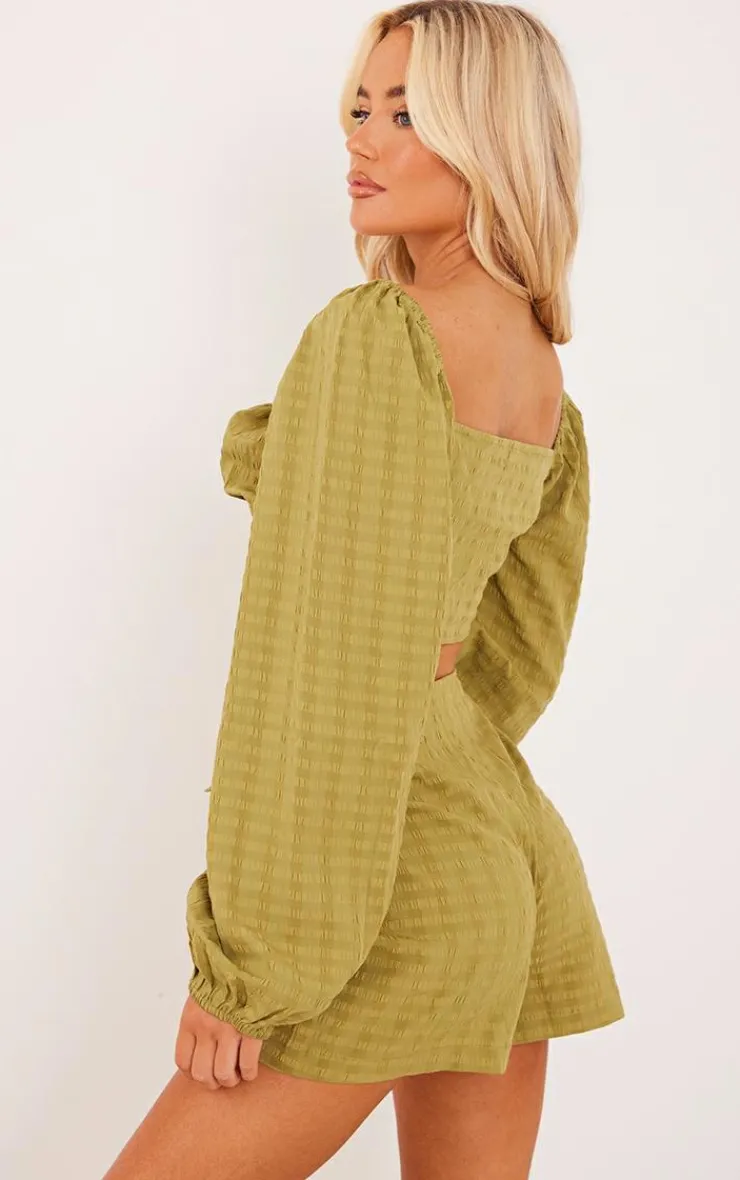 New PrettyLittleThing Textured Woven Tie Front Balloon Sleeve Blouse Olive