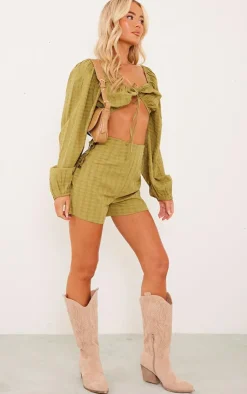 New PrettyLittleThing Textured Woven Tie Front Balloon Sleeve Blouse Olive