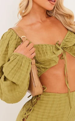 New PrettyLittleThing Textured Woven Tie Front Balloon Sleeve Blouse Olive