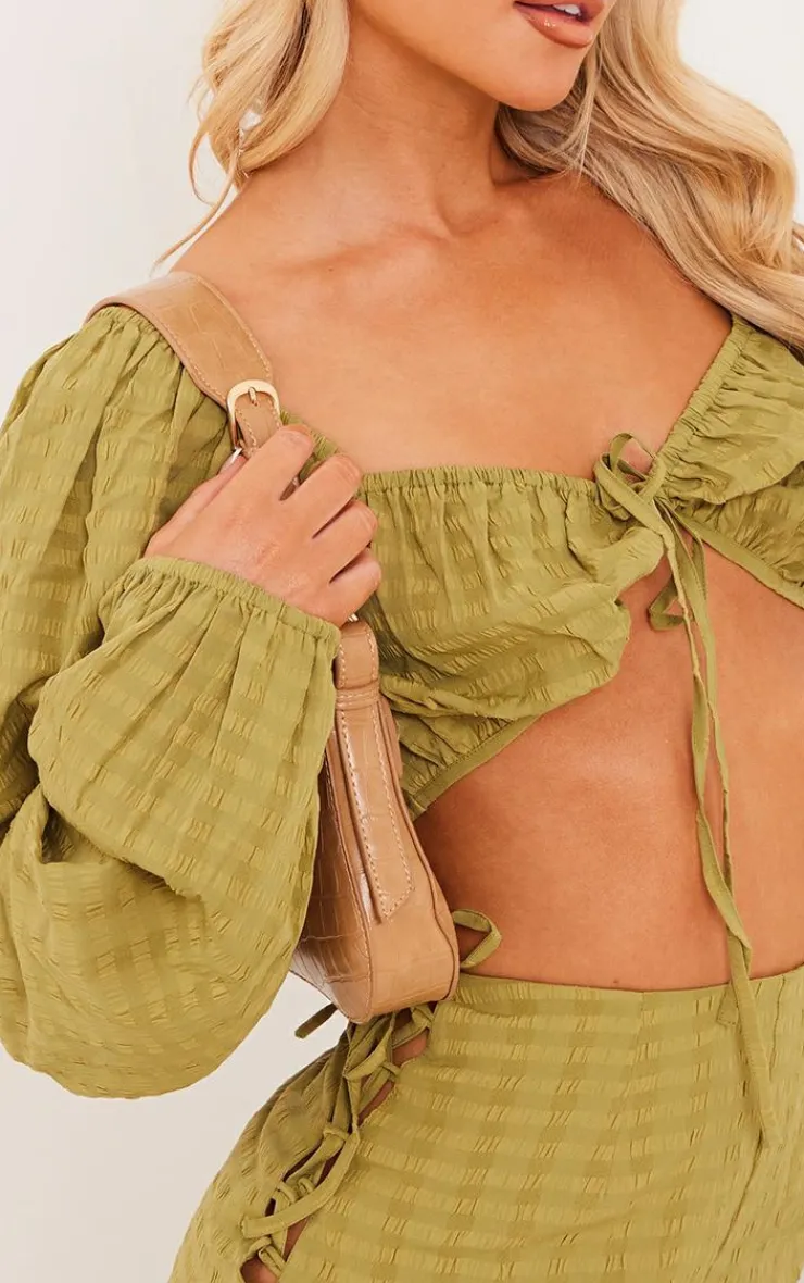 New PrettyLittleThing Textured Woven Tie Front Balloon Sleeve Blouse Olive