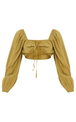 New PrettyLittleThing Textured Woven Tie Front Balloon Sleeve Blouse Olive