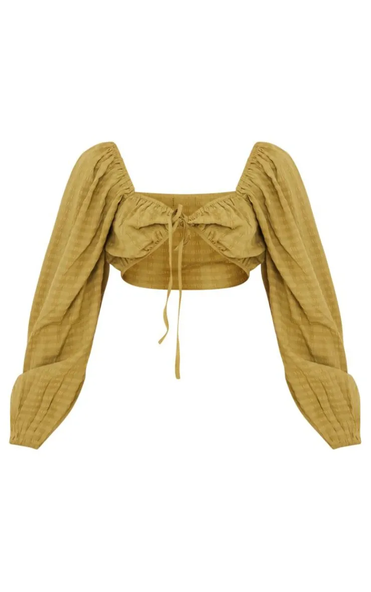 New PrettyLittleThing Textured Woven Tie Front Balloon Sleeve Blouse Olive