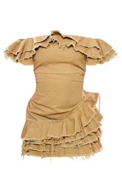 Twill Bardot Frayed Edge Tiered Shift Dress-PrettyLittleThing Hot