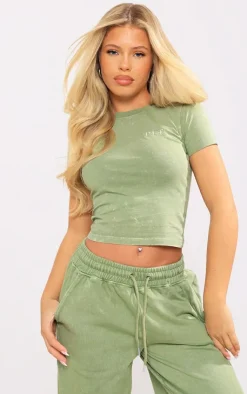 Hot PrettyLittleThing Washed Cotton Longline Fitted T-Shirt Olive