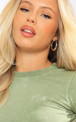 Hot PrettyLittleThing Washed Cotton Longline Fitted T-Shirt Olive