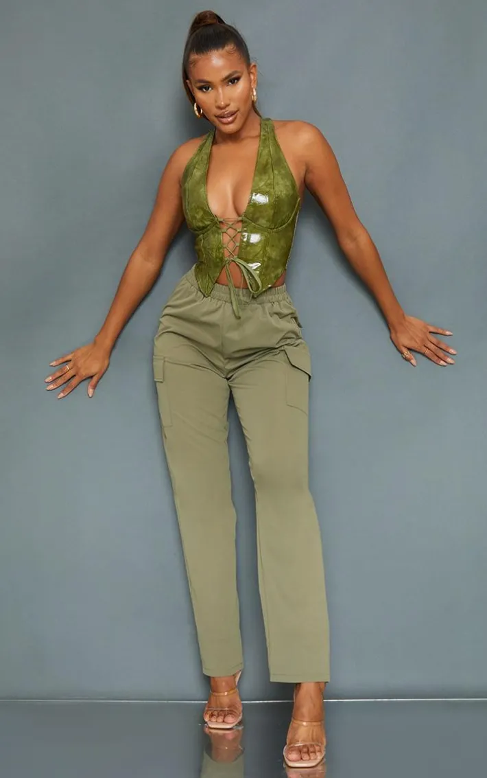 Olive Washed Faux Leather Lace Up Plunge Halterneck Top