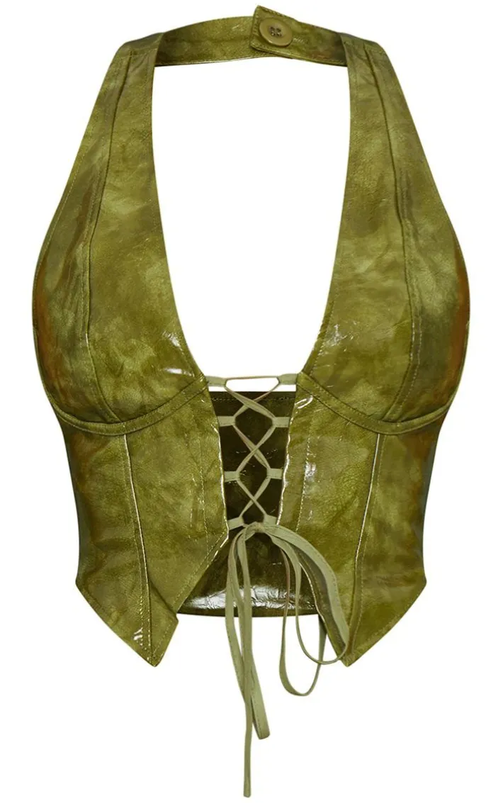 Olive Washed Faux Leather Lace Up Plunge Halterneck Top