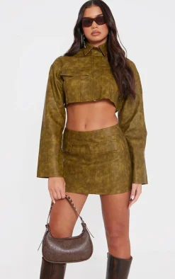 Clearance PrettyLittleThing Washed Faux Leather Boxy Cropped Pocket Detail Jacket Olive