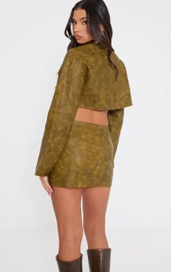 Clearance PrettyLittleThing Washed Faux Leather Boxy Cropped Pocket Detail Jacket Olive