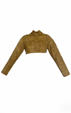 Clearance PrettyLittleThing Washed Faux Leather Boxy Cropped Pocket Detail Jacket Olive