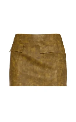 Online PrettyLittleThing Washed Faux Leather Pocket Detail Low Rise Micro Mini Skirt Olive