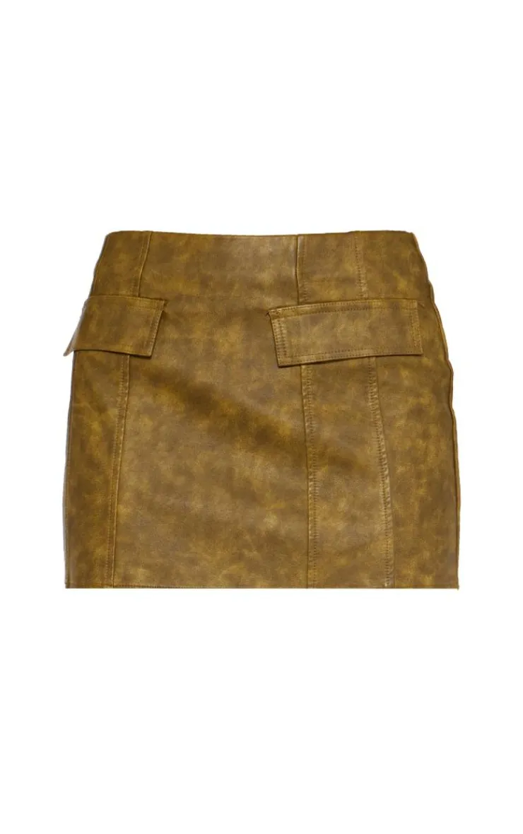Online PrettyLittleThing Washed Faux Leather Pocket Detail Low Rise Micro Mini Skirt Olive