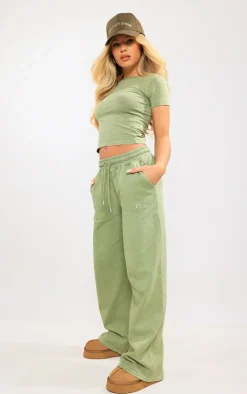 Hot PrettyLittleThing Washed Oversized Low Rise Wide Leg Sweatpants Olive