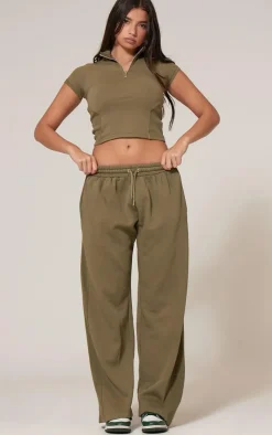 Discount PrettyLittleThing Washed Rib Panel Wide Leg Sweatpants Olive