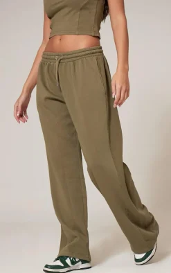 Discount PrettyLittleThing Washed Rib Panel Wide Leg Sweatpants Olive