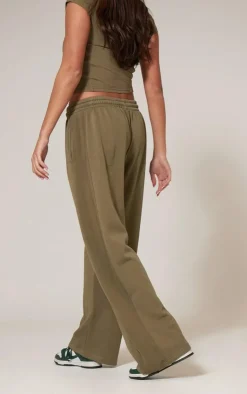 Discount PrettyLittleThing Washed Rib Panel Wide Leg Sweatpants Olive