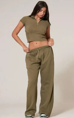 Discount PrettyLittleThing Washed Rib Panel Wide Leg Sweatpants Olive
