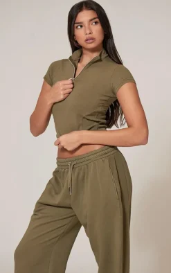 Online PrettyLittleThing Washed Zip Up Rib Panel Top Olive