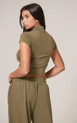 Online PrettyLittleThing Washed Zip Up Rib Panel Top Olive