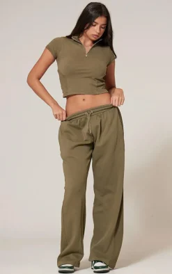 Online PrettyLittleThing Washed Zip Up Rib Panel Top Olive