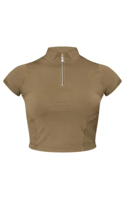 Online PrettyLittleThing Washed Zip Up Rib Panel Top Olive