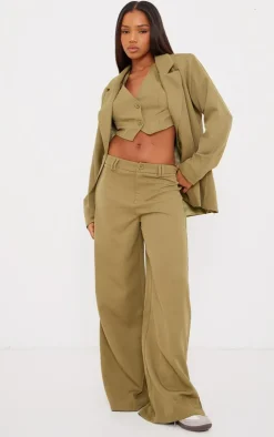 Clearance PrettyLittleThing Woven Double Belt Loop Suit Pants Olive
