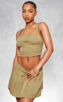 Outlet PrettyLittleThing Woven Fold Over Hem Pleated Mini Skirt Olive