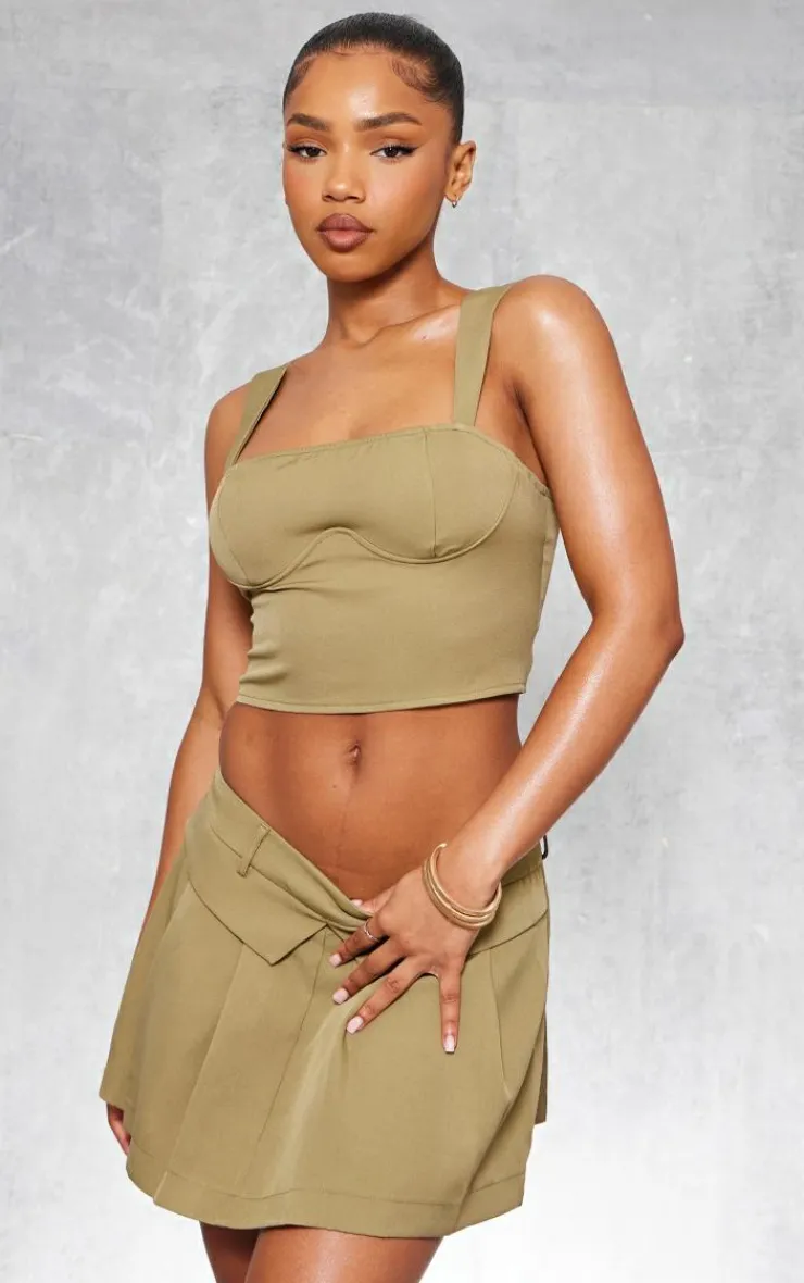 Outlet PrettyLittleThing Woven Fold Over Hem Pleated Mini Skirt Olive