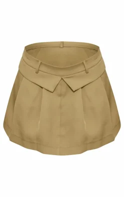 Outlet PrettyLittleThing Woven Fold Over Hem Pleated Mini Skirt Olive