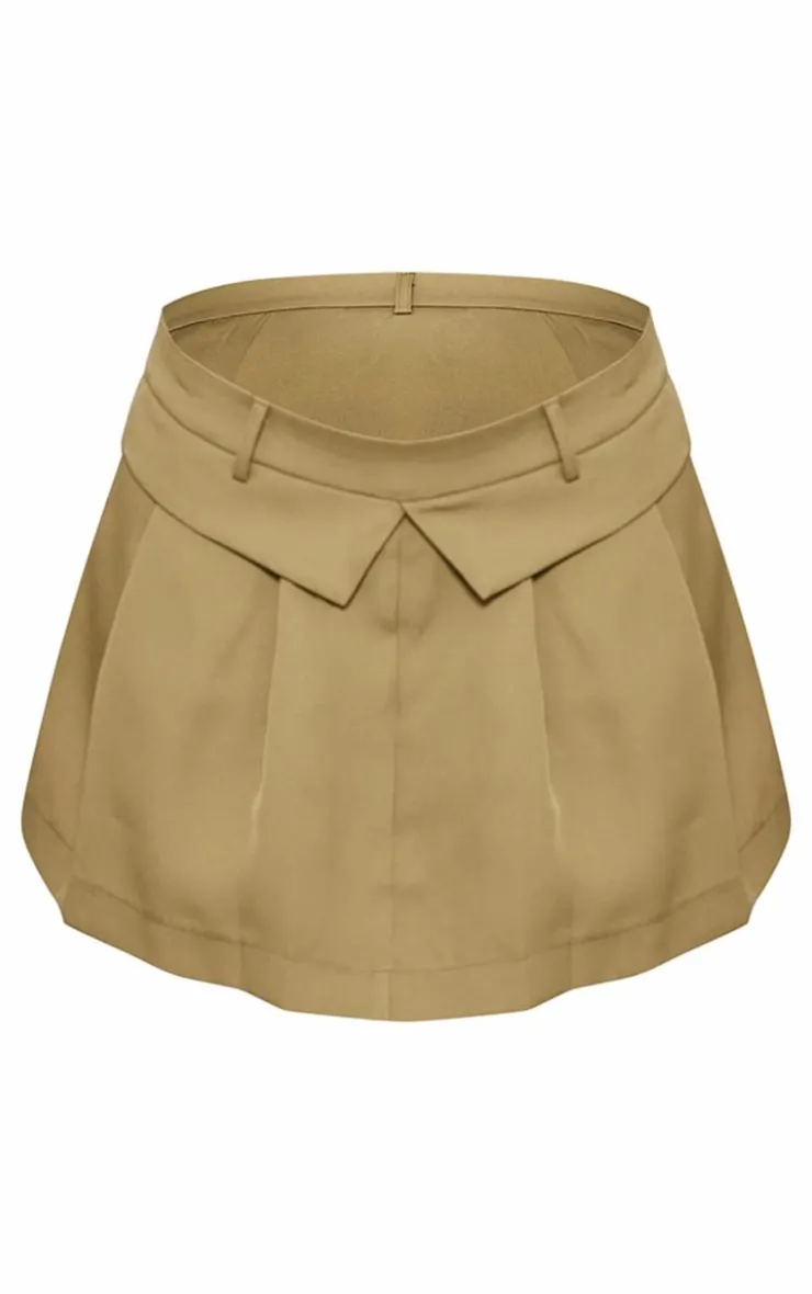 Outlet PrettyLittleThing Woven Fold Over Hem Pleated Mini Skirt Olive