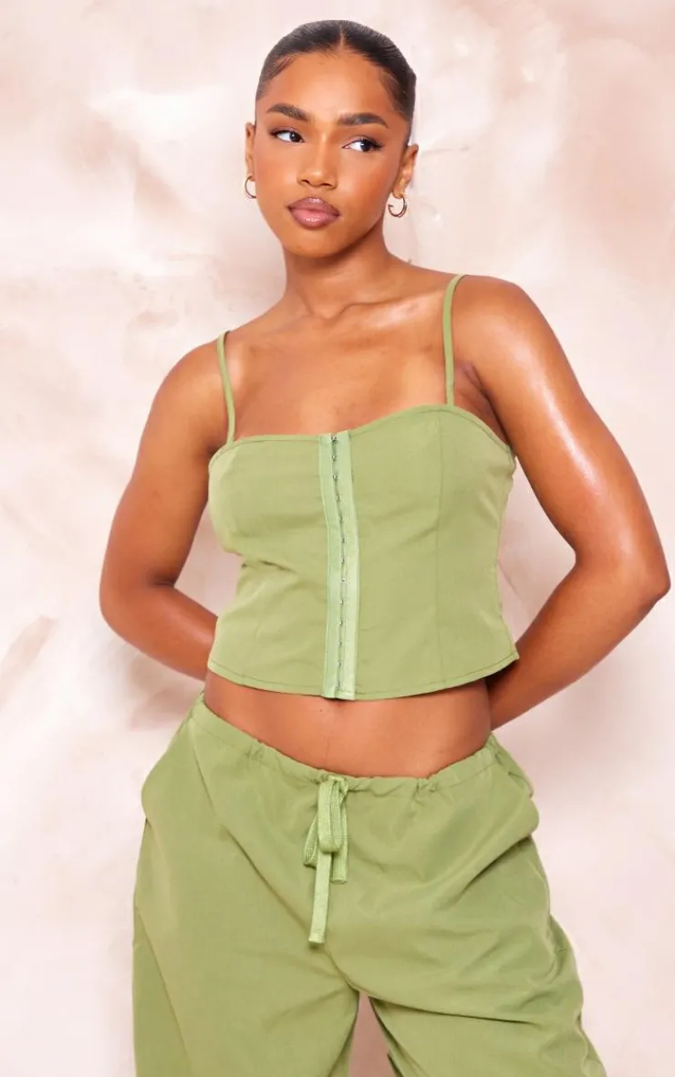 Online PrettyLittleThing Woven Hook & Eye Fastening Strappy Corset Olive