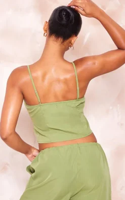 Online PrettyLittleThing Woven Hook & Eye Fastening Strappy Corset Olive