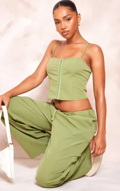 Online PrettyLittleThing Woven Hook & Eye Fastening Strappy Corset Olive