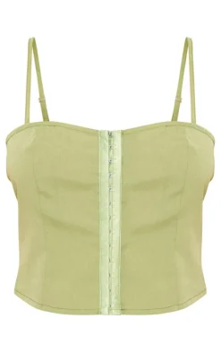 Online PrettyLittleThing Woven Hook & Eye Fastening Strappy Corset Olive