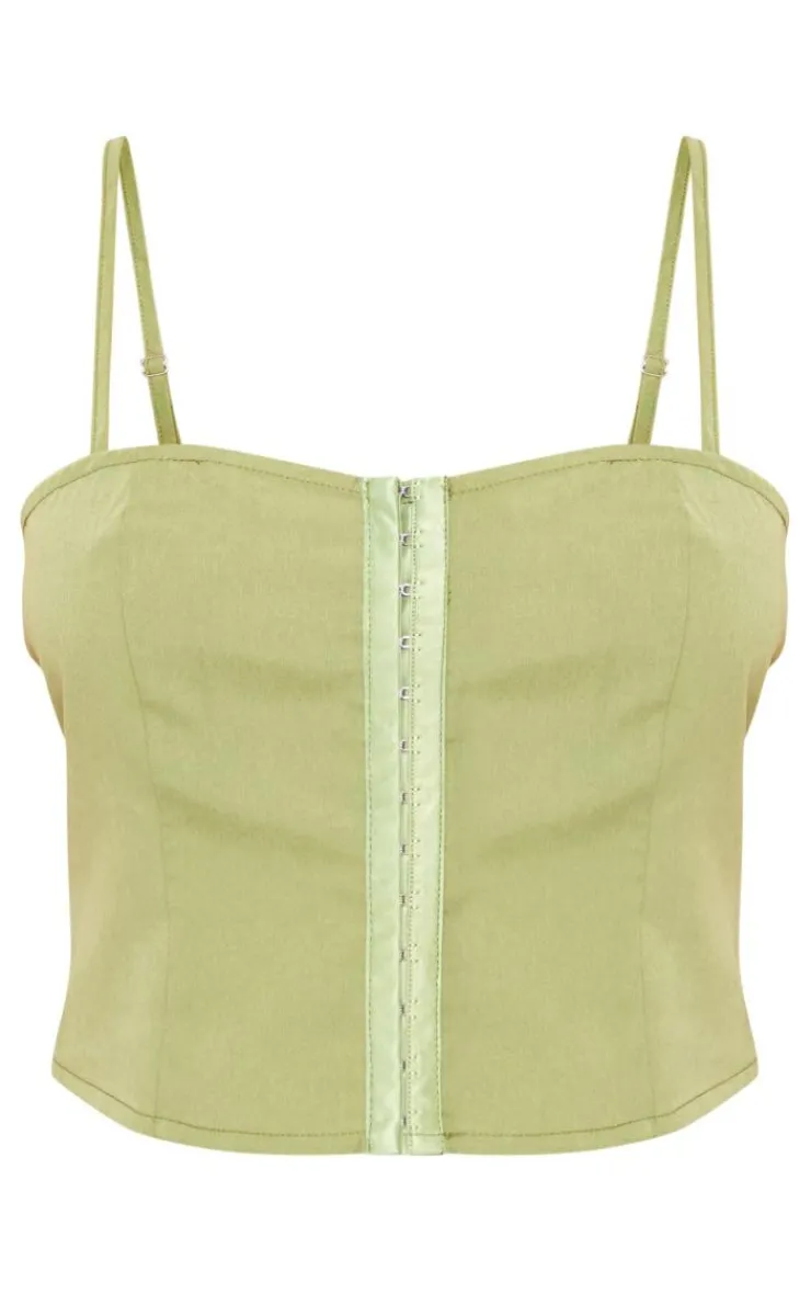 Online PrettyLittleThing Woven Hook & Eye Fastening Strappy Corset Olive