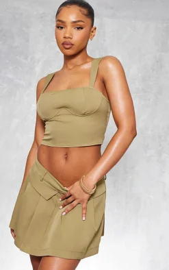 Sale PrettyLittleThing Woven Underbust Seam Top Olive