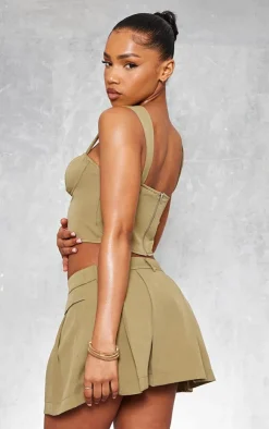 Sale PrettyLittleThing Woven Underbust Seam Top Olive